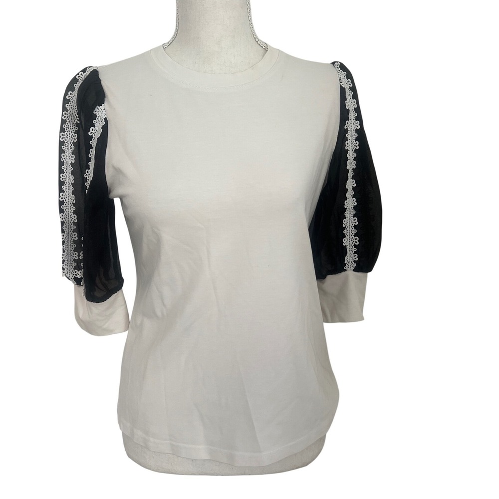 Gracia Womens Cream Knit Top Black Sheer Lace Trim Puff Sleeve Size Medium